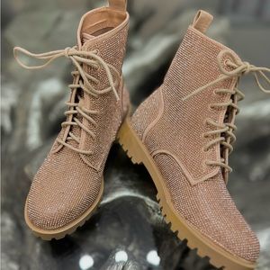 New rose gold/tan rhinestone combat boots size 6